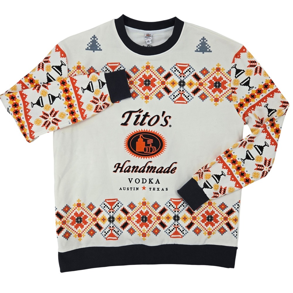 Tito's Handmade Vodka XL Sweatshirt Mens‎ White Ugly Christmas Sweater Holiday
